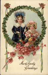Many Hearty Greetings - Children with Flowers Postcard