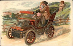 Couple Kissing in Old Fashioned Car with Cupid in Background Postcard