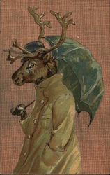 Reindeer in Raincoat with Bowler Hat and Umbrella Postcard