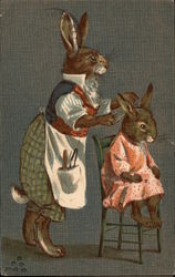 Rabbit Giving Smaller Rabbit a Haircut Dressed Animals Postcard Postcard