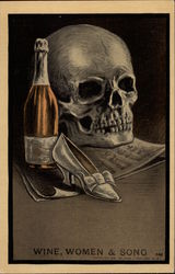 Skull with Music, Shoe and Wine Bottle Postcard