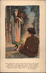 Boy Scout at Fire with Indian Girl Postcard