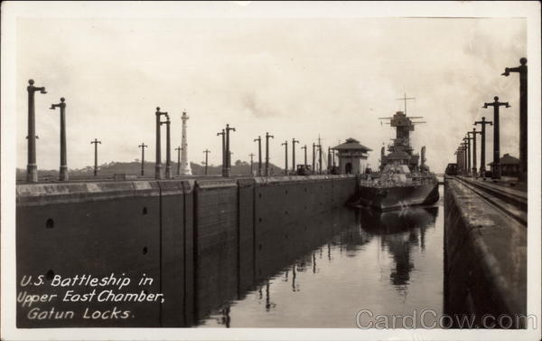 US Battleship in Upper East Chamber, Gatun Locks Panama Canal