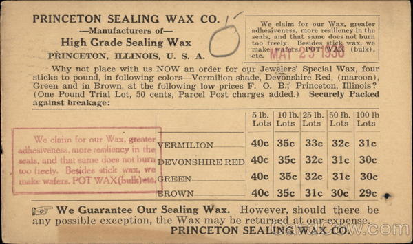 Princeton Sealing Wax Co. - Price List Illinois Advertising