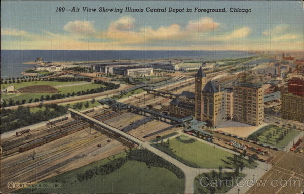 Air view showing Illinois Central Depot in foreground Chicago