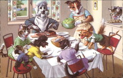 Dogs and Cats Eating at Table Postcard