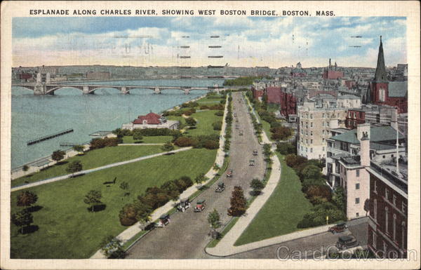 Esplanade along Charles River, showing West Boston Bridge Massachusetts