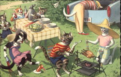 Mischievous Kittens on a Picnic Cats Postcard Postcard