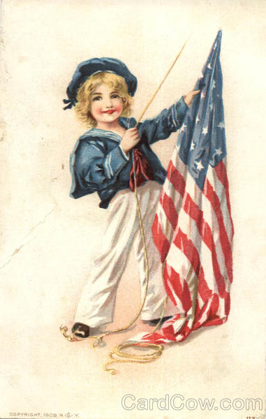 Cute Girl with US Flag, Sailor Suit Patriotic