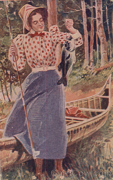 Woman fishing with canoe