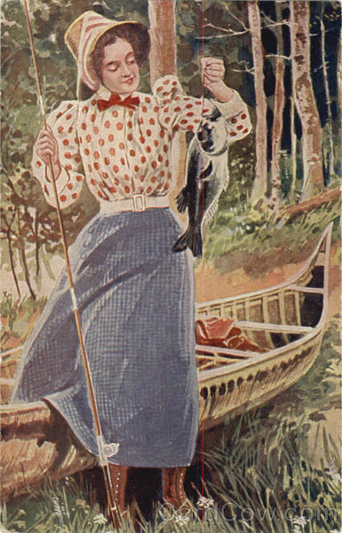 Woman with Fish & Canoe Fishing