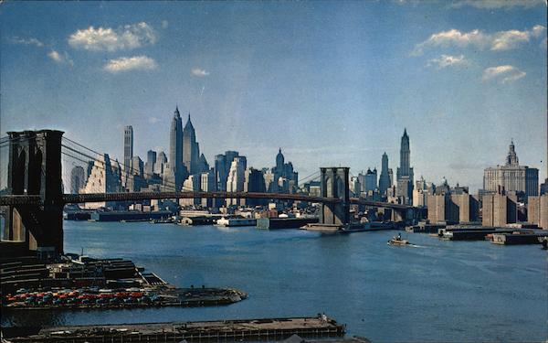 Lower Manhattan Skyline showing Brooklyn Bridge New York