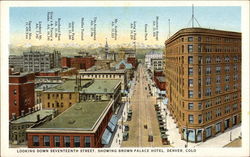 Looking down Seventeenth Street, showing Brown Palace Hotel Postcard