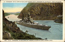USS "Tennessee" in Gaillard Cut, Passing Cucaracha Slide, Panama Canal Postcard