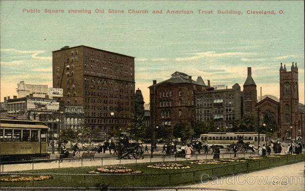 Public Square showing Old Stone Church and American Trust Building Cleveland Ohio