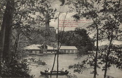 Glimpse of Lake Waban Boat House and College Hall, Wellesley College Postcard