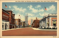 Post Office (Right) and Michigan Avenue, Looking West Battle Creek, MI Postcard Postcard