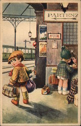 Children at Train Station Postcard