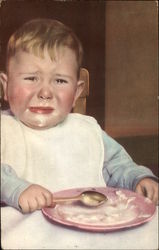 Crying baby with plate of food Babies Postcard Postcard