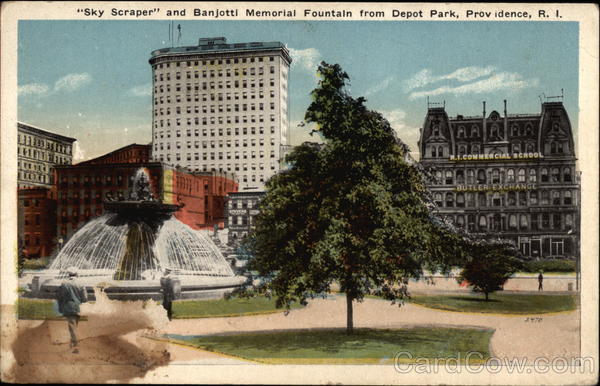 Sky Scraper and Banjotti Memorial Fountain from Depot Park Providence Rhode Island