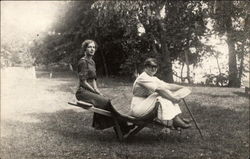 Two Women on Wagon Pretending to Drive Postcard