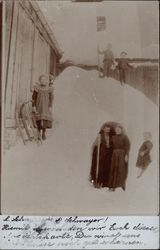 Family Shoveling Out Snow Cave Postcard