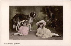 Two Little Girls with St. Bernard Saint Bernards