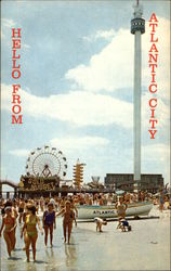 Bathing Beach with Sky Tower and Amusements Postcard