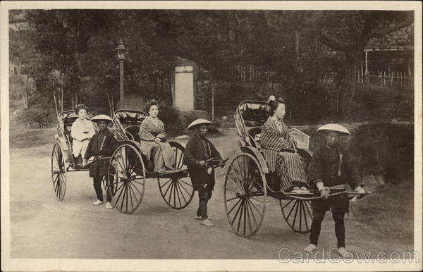 Three Geishas in Rickshaws Japan