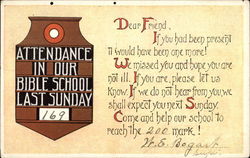 Attendance in Our Bible School Last Sunday: 169 Postcard
