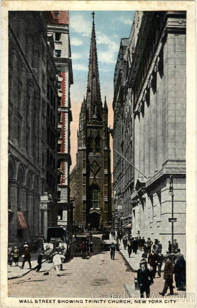 Wall Street showing Trinity Church New York City