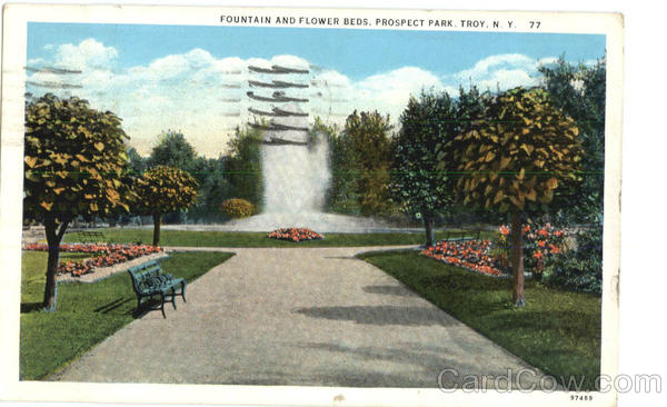 Fountain and Flower Beds, Prospect park Troy New York