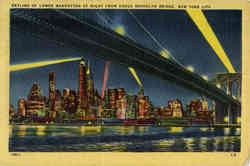 Skyline of Lower Manhattan at Night from under Brooklyn Bridge Postcard
