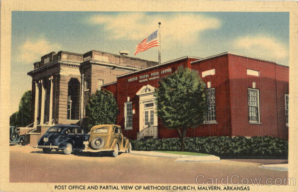 Post Office And Partial View Of Methodist Church Malvern Arkansas