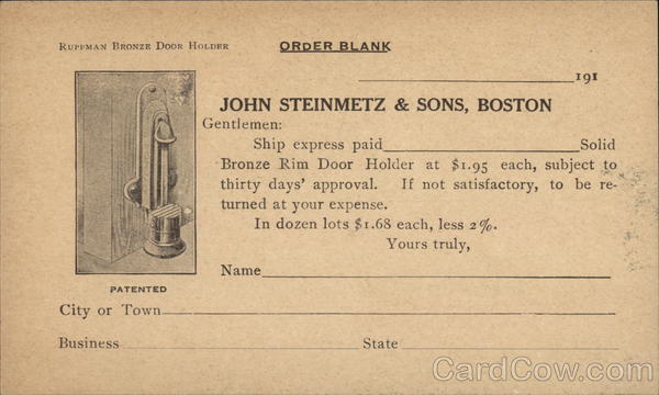 John Steinmetz & Sons, Order Blank Boston Massachusetts