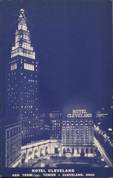 Night View of Hotel Cleveland and Terminal Tower Postcard