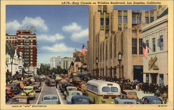 Busy Crowds on Wilshire Boulevard Los Angeles California