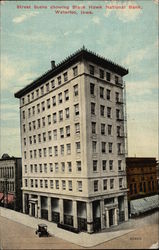 Street Scene showing Black Hawk National Bank Postcard