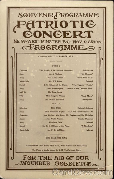 Souvenir Programme, Patriotic Concert New Westminister BC Canada