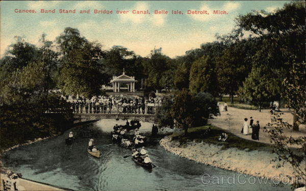 Canoes, Band Stand and Bridge over Canal, Belle Isle Detroit Michigan