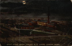 Night Scene, Union Pacific RR Shops Postcard
