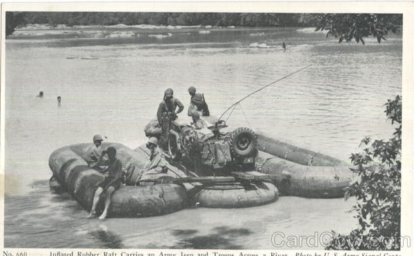 Jeep on Inflated Rubber Raft Army