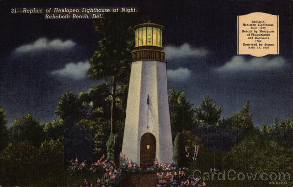 Replica of Henlopen Lighthouse at Night, Rehoboth Beach, Del Delaware