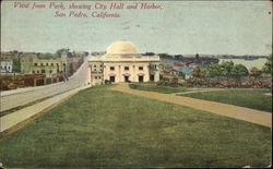 View from Park, showing City Hall and Harbor Postcard