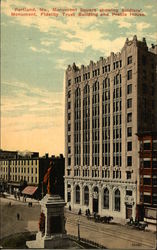 Monument Square showing Soldiers' Monument, Fidelity Trust Building and Preble House Postcard