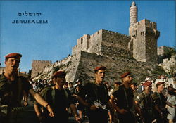 Route March - Annual Pilgrimage - Background the Citadel (David's Tower) Postcard