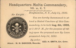 1895 Malta Commandery No.21 (Knights Templar) Postcard