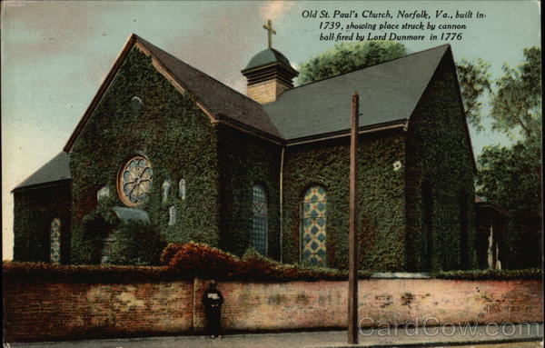 Old St. Paul's Church built in 1739, showing place struck by cannon ball fired in 1776 Norfolk Virginia