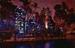 Panoramic View of Kona Kottage Japanese Garden at Night Fort Lauderdale, FL Postcard Postcard