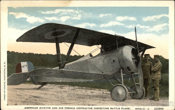 American Aviator and His French Instructor Inspecting Battle Plane